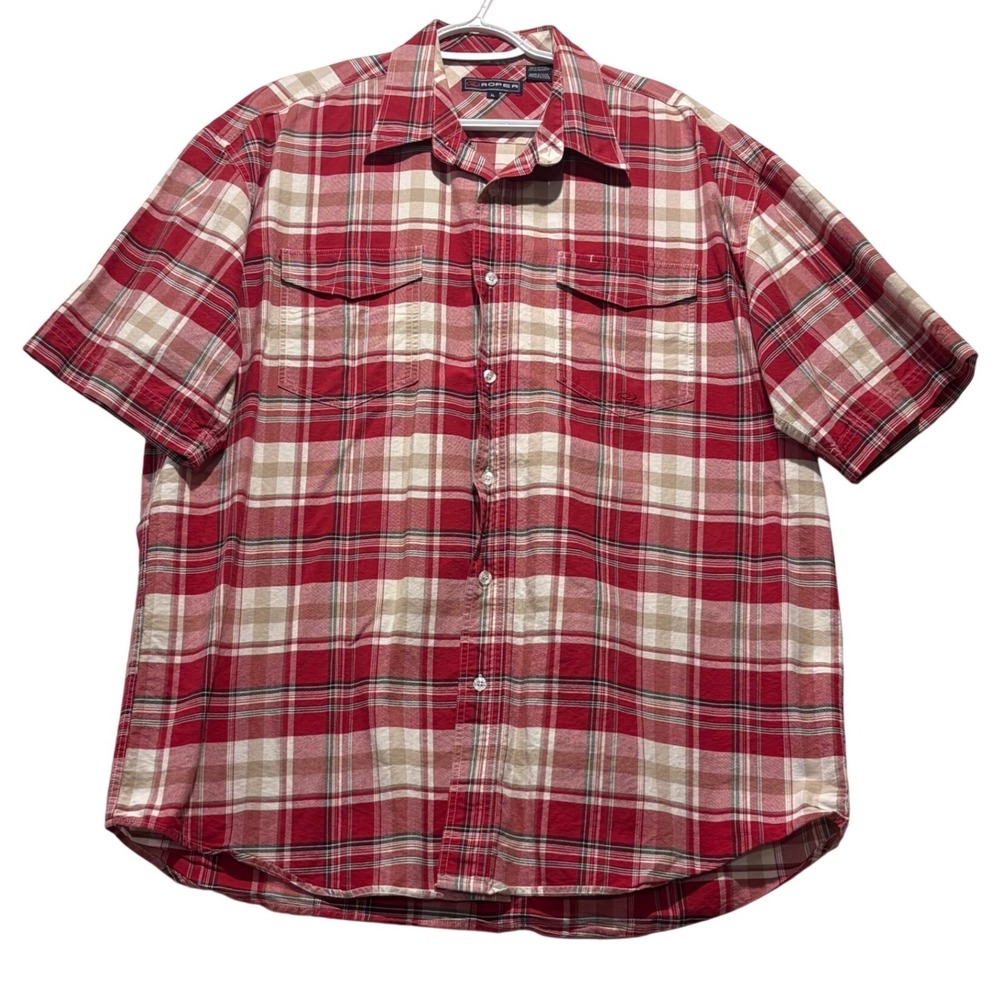 Roper Mens XL Red Plaid Short Sleeve Button Down Western Shirt